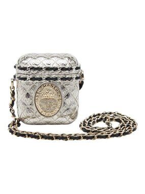 Chanel CC Logo Crown Quilted Airpods Case Silver Gold Metal Plated Rhinestone